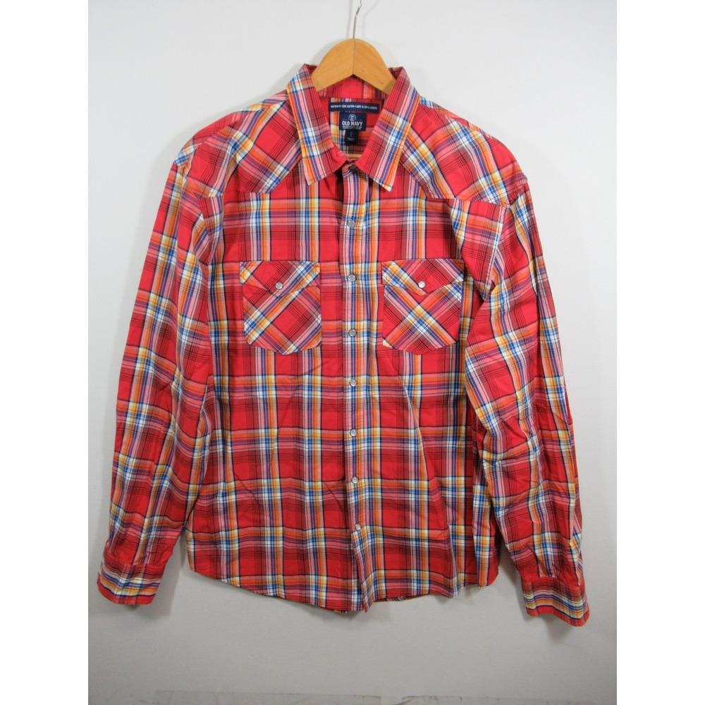 Vintage Old Navy Western Fit Pearl Snap Shirt Men XL Red Plaid Cowboy Rodeo